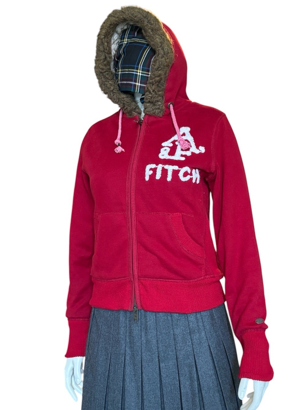 Abercrombie & Fitch Y2K Red Sherpa-Lined Hoodie Small Full Zip Jacket Streetwear